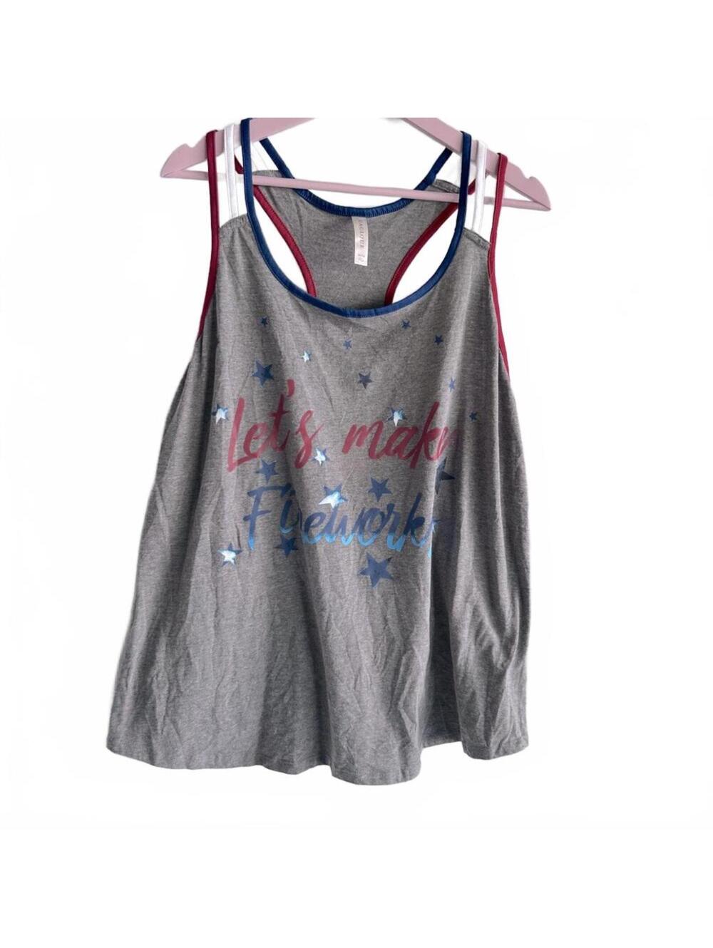 Cacique “Let’s Make Fireworks” Red White Blue Screen Print Strappy Tank | 14-16